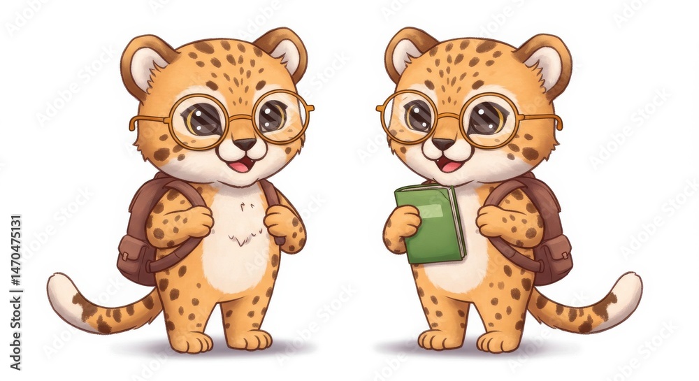 Obraz premium Cartoon Cheetah Scholars: A Tale of Learning and Adventure - Two adorable cheetah cubs, wearing glasses and backpacks, symbolize education, knowledge, curiosity, and the joy of learning. Perfect for c