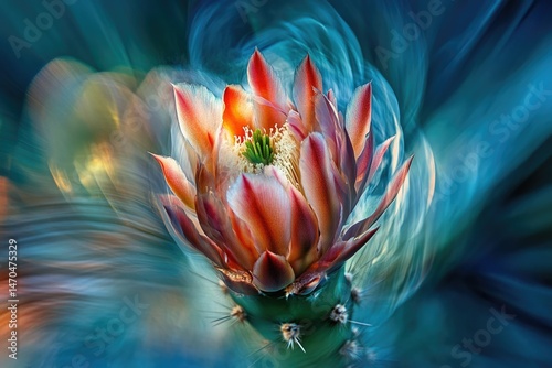 Vibrant cactus flower blossom with surreal, swirling background. Nature's vibrant beauty.