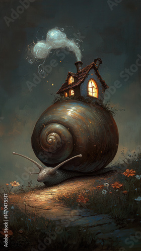 A giant, gentle snail with a translucent, iridescent shell that reflects all the colors of the rainbow. It carries a tiny, cozy house on its back, with glowing windows and a tiny chimney releasing 