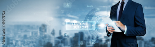 Businessman using tablet analyzing customer support data and service management network. Real-time assistance tools, personalized customer engagement strategies, helpdesk automation systems