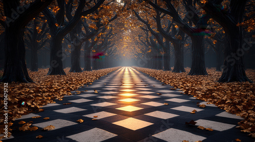 A surreal forest where trees grow in black-and-white checkerboard patterns, golden leaves floating mid-air, soft glowing mist in deep purple and navy hues, cinematic macro shot 