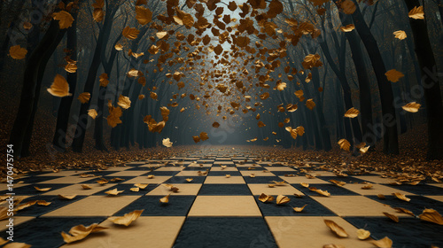 A surreal forest where trees grow in black-and-white checkerboard patterns, golden leaves floating mid-air, soft glowing mist in deep purple and navy hues, cinematic macro shot 