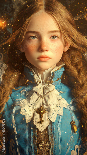 A young girl with long golden curls, wearing a delicate pastel blue dress with white lace trim, exploring a magical forest. Her eyes sparkle with curiosity as she reaches out to touch  