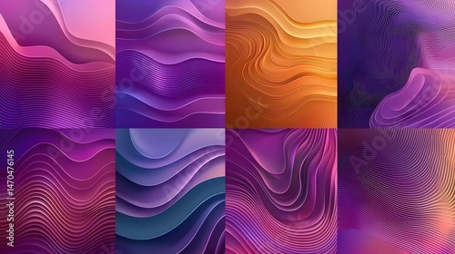 Eight abstract backgrounds showcasing smooth, flowing waves and gradients of vibrant colors including purple, pink, blue, orange, and teal, creating a modern and dynamic visual