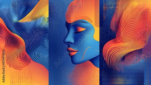 A modern abstract illustration of a woman's profile in bold blue and orange, with flowing lines and geometric patterns creating a vibrant and surreal design