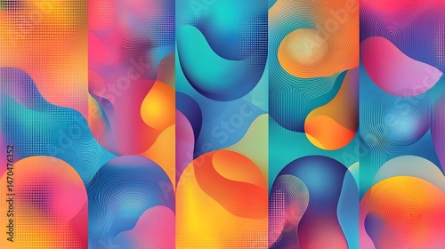 A set of five vibrant abstract backgrounds featuring smooth, flowing fluid shapes and gradients of orange, pink, blue, and teal, creating a modern and dynamic design