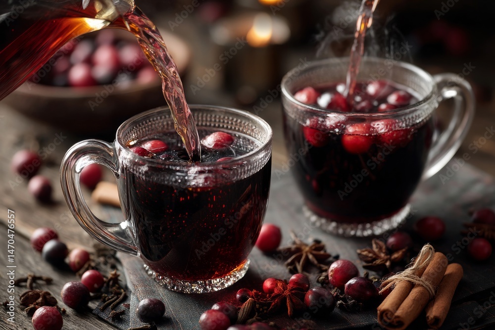 Fototapeta premium Delicious mulled cranberry wine being poured into glass mugs, perfect for a winter holiday gathering.