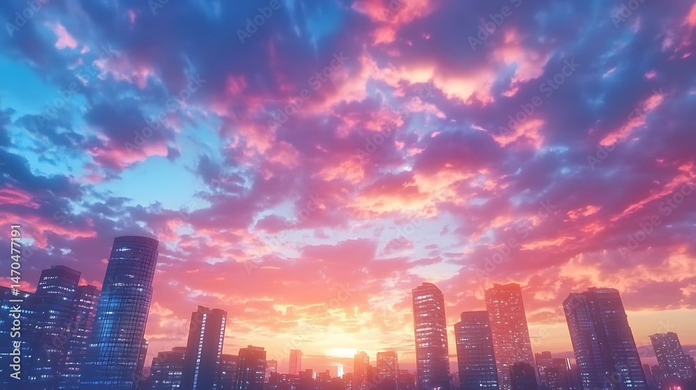 Fototapeta premium Glowing sunset behind city skyline under vivid cloudscape high resolution picture