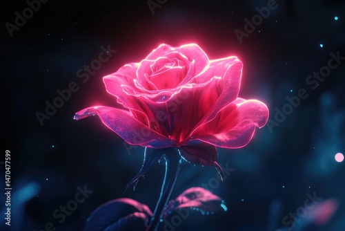 A vibrant, neon pink rose glows in the dark, its petals glistening with an ethereal light.