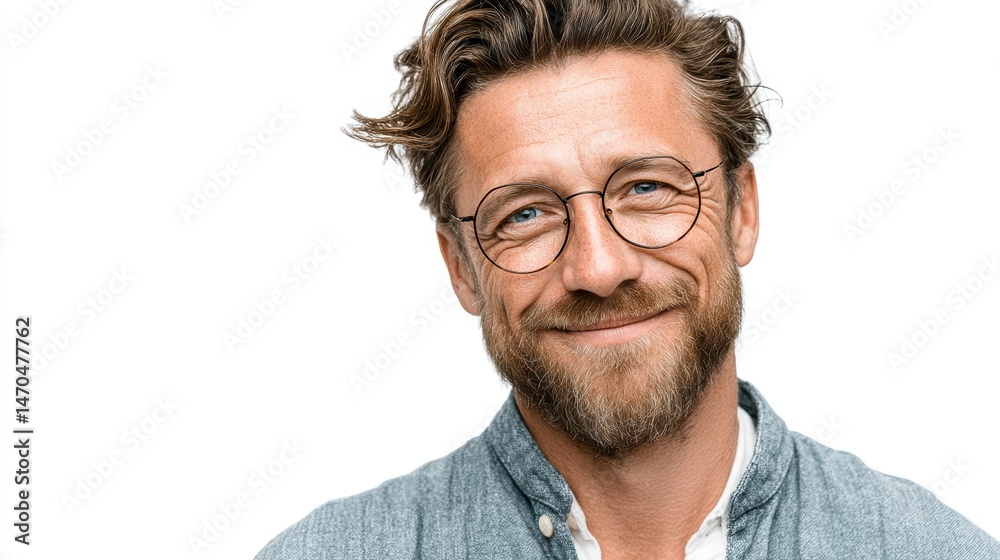 A casual businessman with glasses, his smile exuding happiness and professionalism, isolated on background A casual businessman with glasses, his smile exuding happiness and professionalism, isolated on background