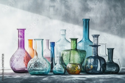 A collection of vintage glass bottles and vases in various colors and shapes, bathed in sunlight against a textured wall.