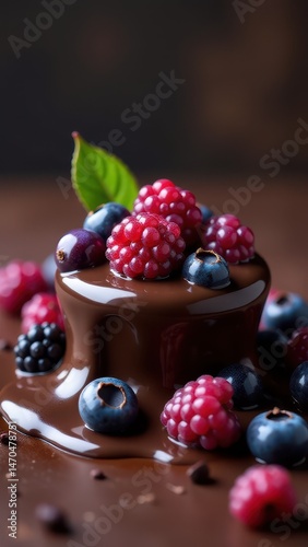 Luxurious melted chocolate drips over mixed berries, creating a rich, indulgent dessert scene with a dark, moody background