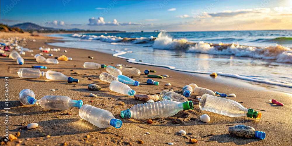 Plastic bottles cover the sandy shoreline as gentle waves lap against the beach. The sunset casts a warm glow, highlighting the pollution's impact on the natural beauty of the coast Plastic bottles cover the sandy shoreline as gentle waves lap against the beach. The sunset casts a warm glow, highlighting the pollution's impact on the natural beauty of the coast
