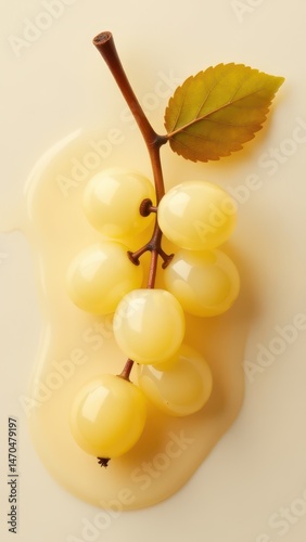 Yellow grapes with a green leaf rest on a creamy surface, showcasing a fresh and vibrant presentation