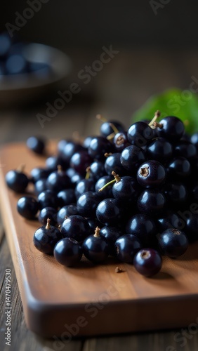 A close-up of ripe, glossy blackcurrants on a rustic wooden plate with leaves, highlighting their fresh and natural appeal