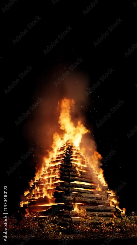 A majestic São João bonfire lights up the night, celebrating tradition, community, and midsummer joy. Sparks rise like stars in a festive sky.

