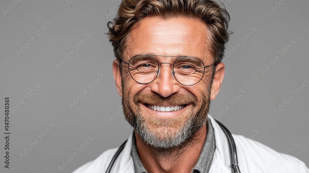 Close-up of a doctor in a white coat with glasses, beaming with a friendly smile, isolated on background Close-up of a doctor in a white coat with glasses, beaming with a friendly smile, isolated on background
