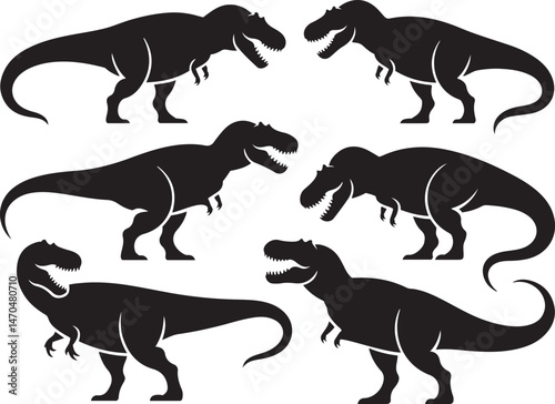 Six Black Silhouettes of Tyrannosaurus Rex Dinosaurs in Different Poses