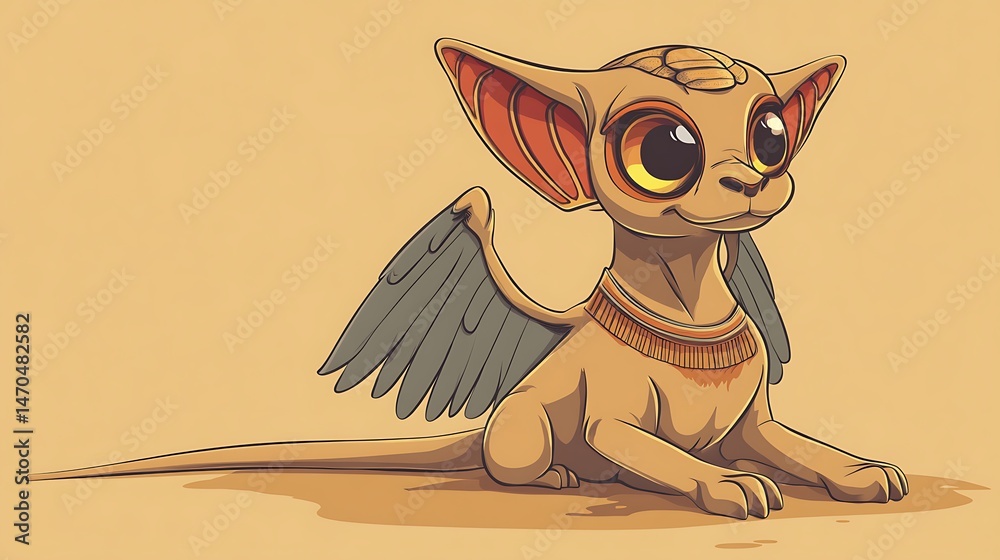 Fototapeta premium Cartoon sphinx creature with wings and large eyes illustration