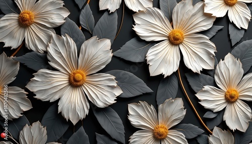 Fototapeta Naklejka Na Ścianę i Meble -  AI generated floral design with 3d digital wall tiles. White, gold flowers with grey leaves against black background. Perfect for modern home decor, textile prints or wallpaper.
