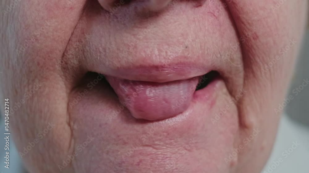 Close up of a senior woman's mouth, a hungry woman licks her lips Close up of a senior woman's mouth, a hungry woman licks her lips