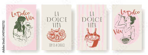Italian food and wine poster set. Woman drinking, pasta, oysters, bottles on ice. Mediterranean vintage sketch in pastel colors. Dolce vita summer mood, hand drawn illustration collection