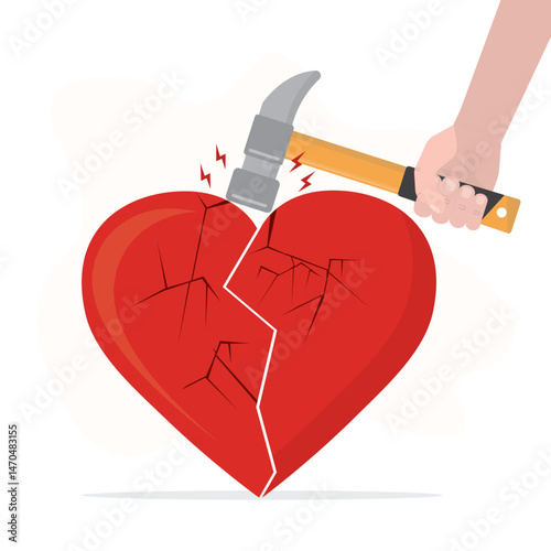 Hand uses hammer and hitting giant red heart. Broken love, heart with cracks isolated on white background. Violence in family, divorce.