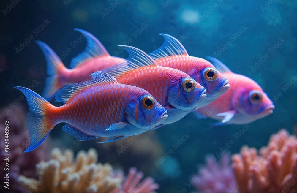 Fototapeta premium Colorful chromis fish swim in unison near coral reef. Aquatic animals display vibrant colors underwater. Marine wildlife scene, diverse fauna, undersea life, coral reef, aquatic ecosystem, deep ocean