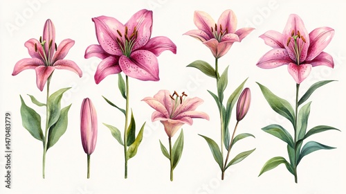 Elegant Pink Lilies Set on White Background for Floral Design and Decor