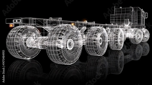 A wireframe of a tractor trailer truck is reflected on a surface.