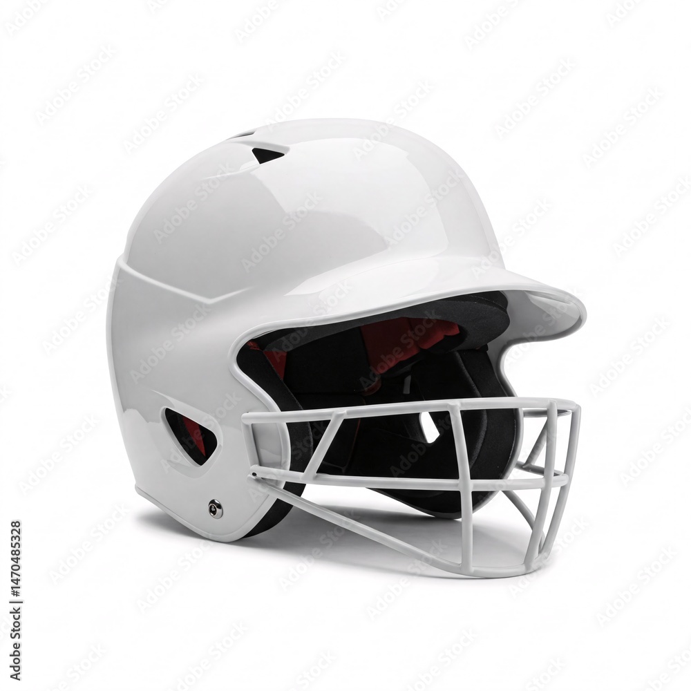 Fototapeta premium White baseball helmet with face mask, isolated on white background.