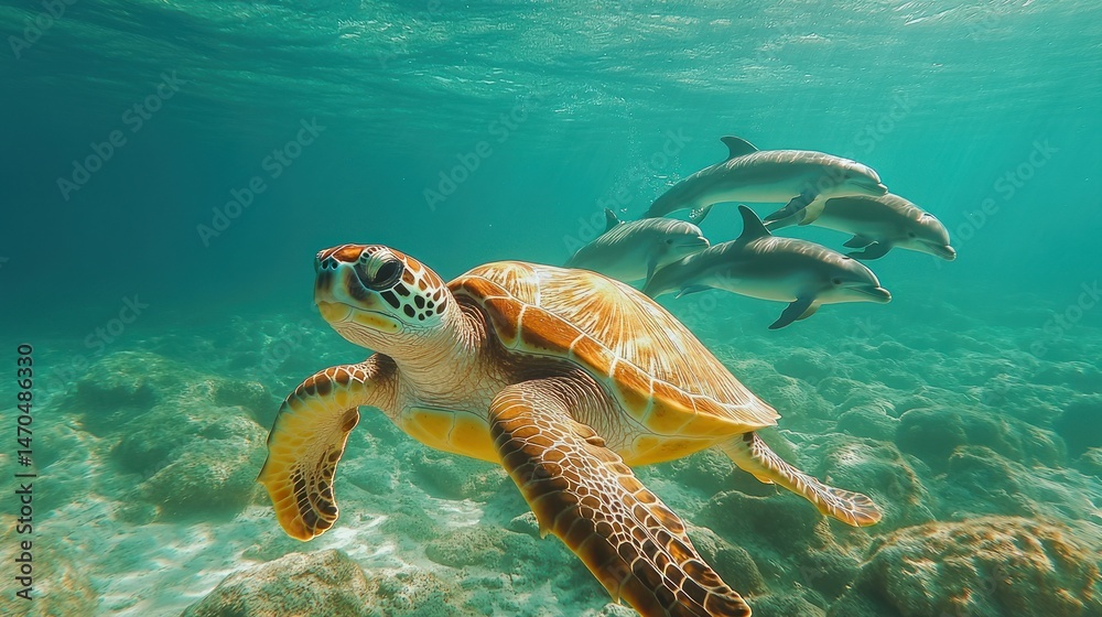 Fototapeta premium Sea turtle and dolphins swimming in the clear ocean