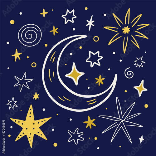 Moon and Stars in a Celestial Night Sky