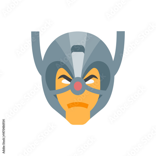 Illustration of a superhero face with a grey helmet and an angry expression with a red nose piece