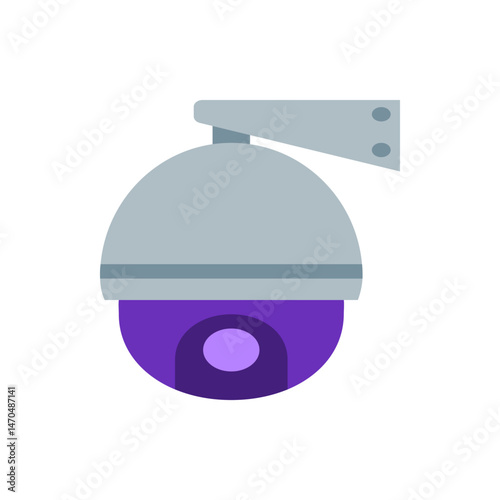 Illustration of a dome security camera with a gray body and purple lens mounted on a gray bracket