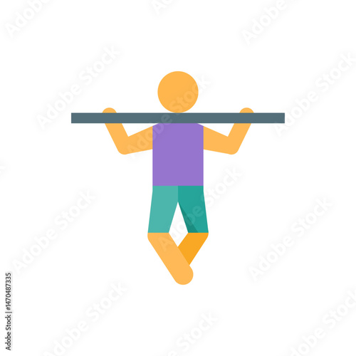 Illustration of a person doing pull ups with a purple shirt and teal shorts on a white background view