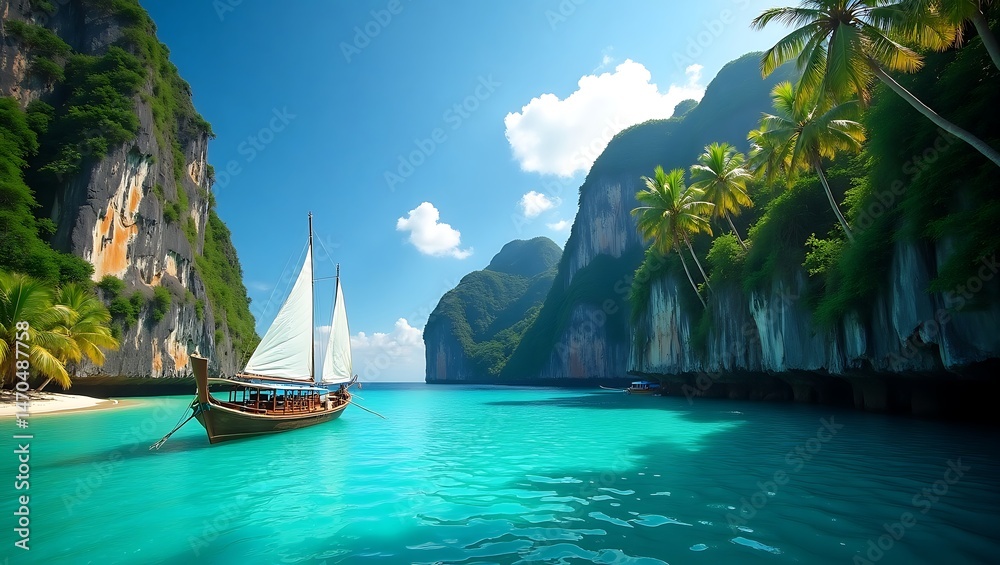 Obraz premium A scenic tropical beach with turquoise waters, towering limestone cliffs, palm trees, and a traditional long-tail boat, wide angle
