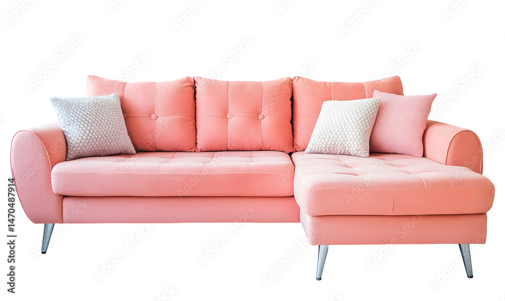 Fototapeta premium A light pink sectional sofa with plush cushions and elegant legs, perfect for a modern living room