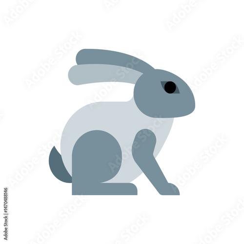 Illustration of a gray and light gray rabbit with long ears sitting in a simple geometric style design