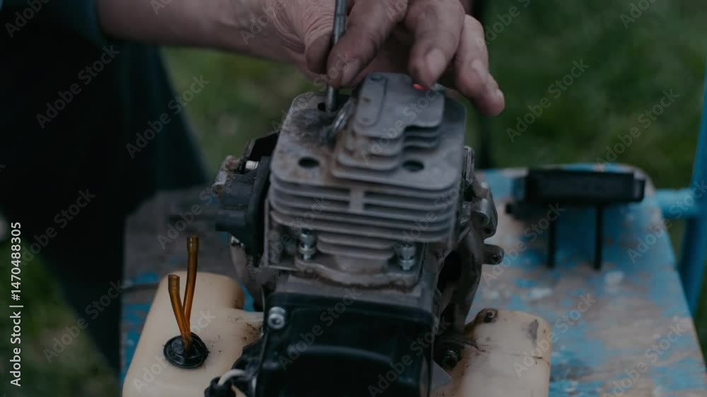 The craftsman disassembles the engine of a lawnmower The craftsman disassembles the engine of a lawnmower