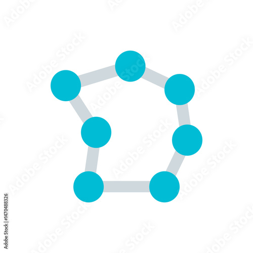 Turquoise circles connected by gray lines forming an irregular heptagon shape on a white background view
