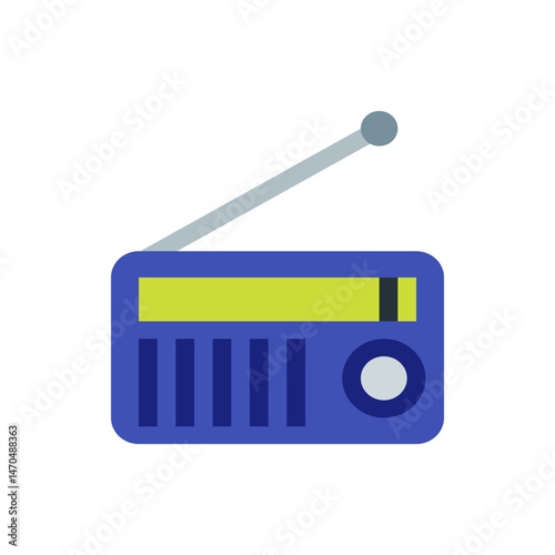 Illustration of a blue radio with an antenna and a yellow screen against a white background space