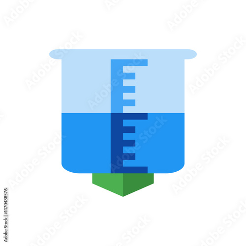 Illustration of a blue liquid in a transparent graduated cylinder with a green tip pointing down