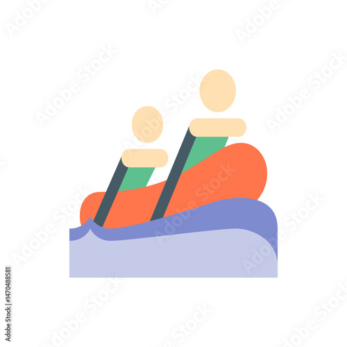 Two people paddling in an orange raft on blue water with green and beige accents in a simple style image