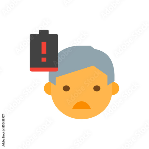 Man with gray hair looking sad with a low battery icon above his head expressing low energy state