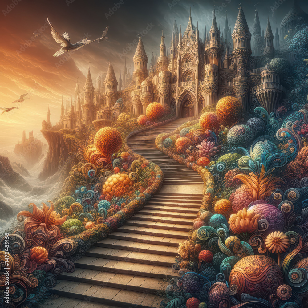 Fototapeta premium Colorful fantasy landscape with a winding staircase leading to a majestic castle at sunset