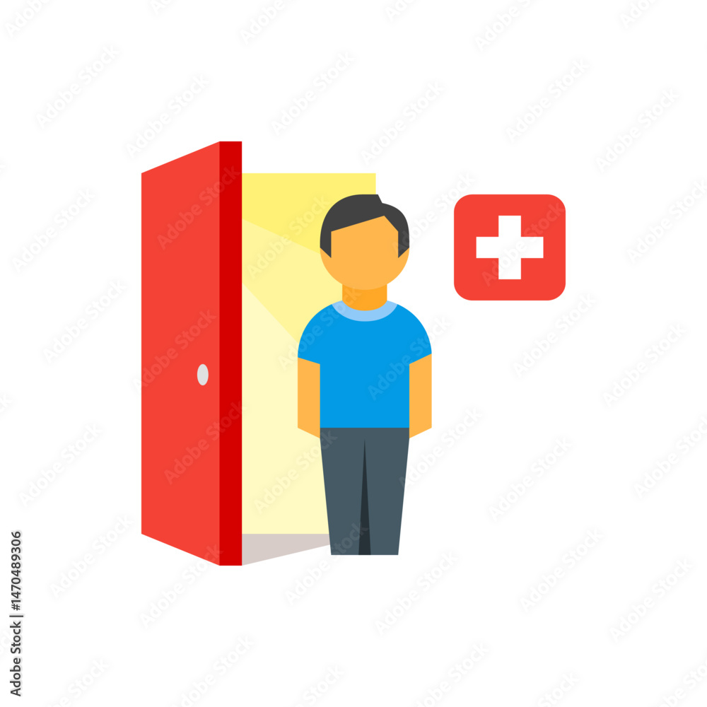 Illustration of a person standing near an open red door with a medical cross symbol on the wall behind him Illustration of a person standing near an open red door with a medical cross symbol on the wall behind him