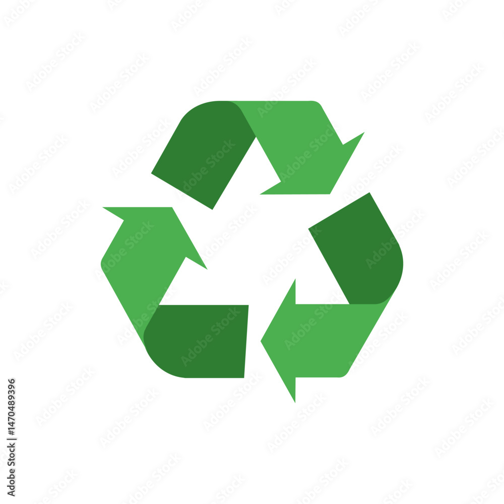 Illustration of a green recycling symbol with three arrows forming a triangle on a white background Illustration of a green recycling symbol with three arrows forming a triangle on a white background