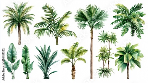 Exotic Palm Trees, Dracaena, and Aloe Set in Tropical Plant Display