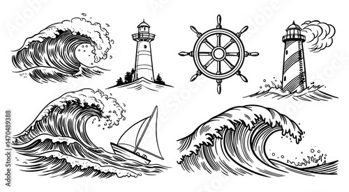 Vintage Hand-Drawn Sea Waves Collection, Stormy Ocean Tides, Beach Storms, and Nautical Wave Sketches in Vector Illustration Design